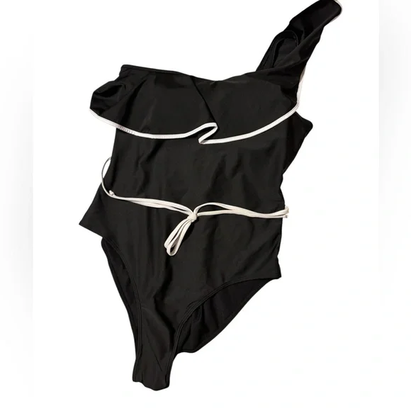 SHEIN Curve Black White Ruffle One Piece Plus Size Sexy Modest Slimming NWOT - Picture 2 of 8